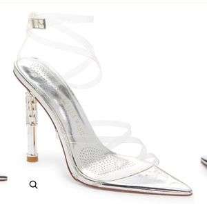 Clear Cinderella slipper with silver beveled heel